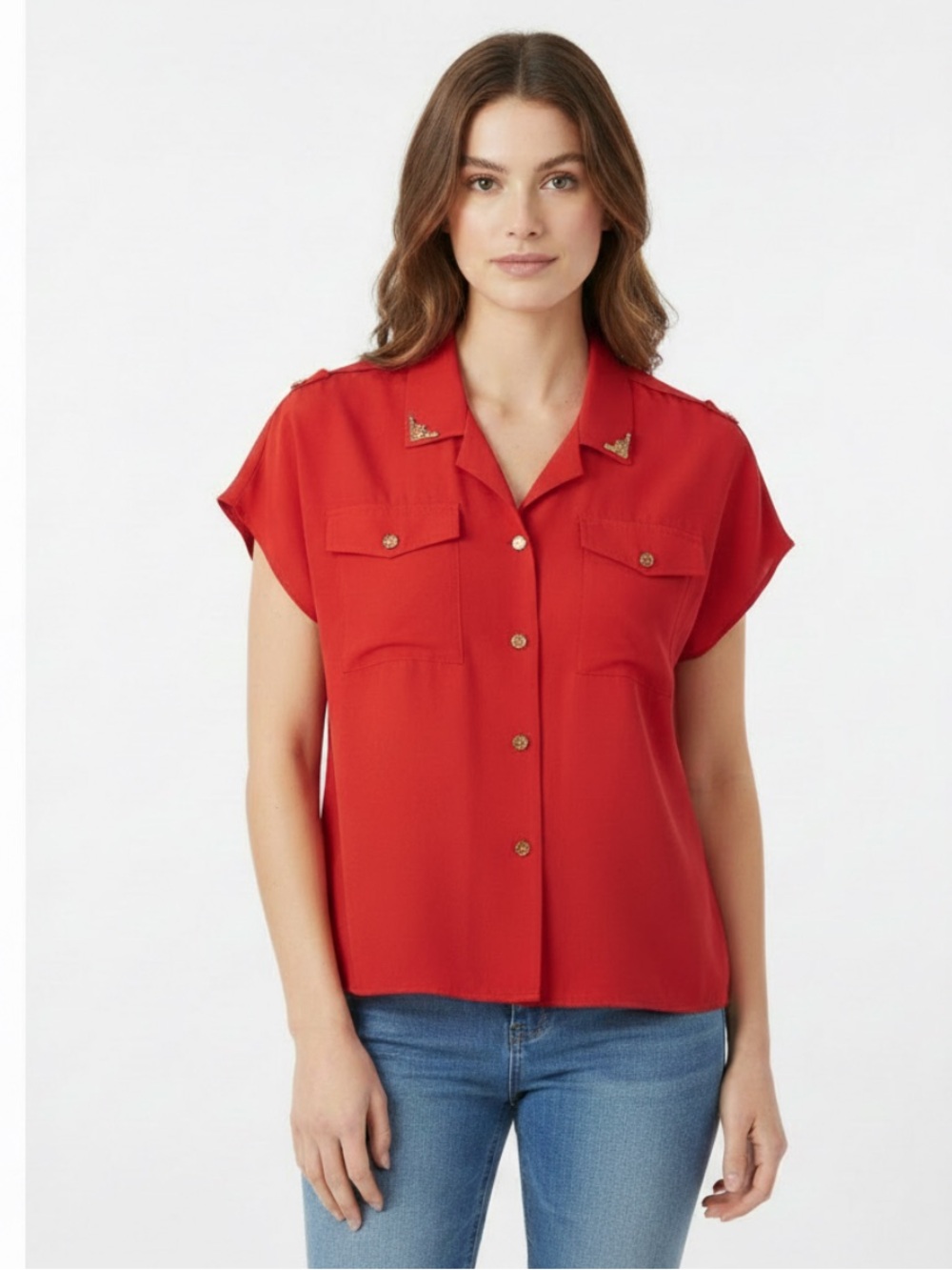 Notations | Vintage polyester red short sleeve button front blouse size …